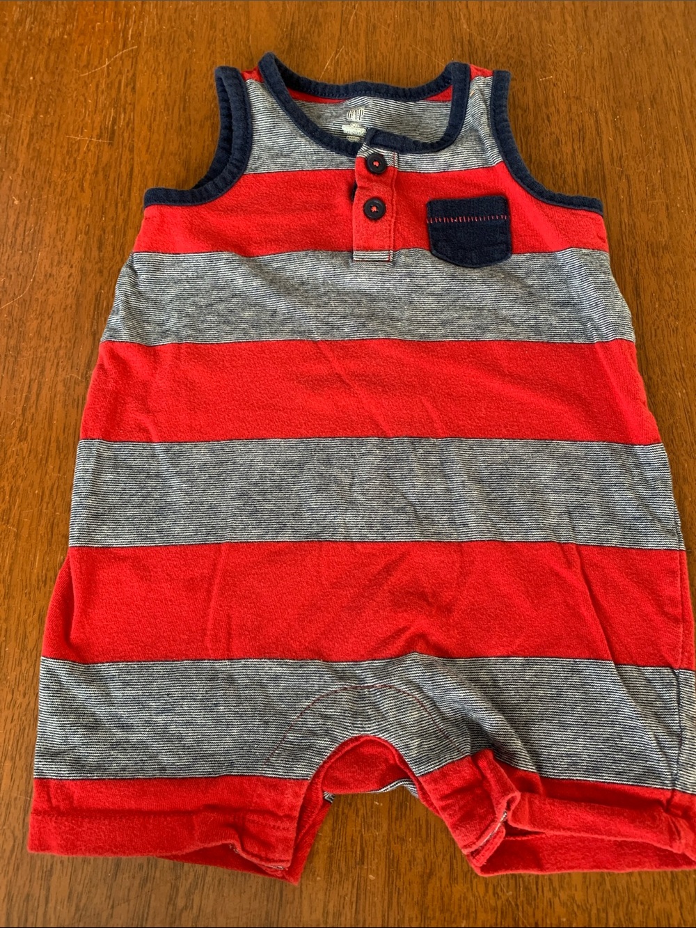 🍊5/$25 GAP Red and Gray Striped Sleeveless Romper with Navy Trim size 6-12m